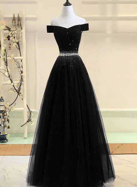 Luolandi Black Tulle Off Shoulder Beaded Party Dress New Dress for Party Elegant Evening Dress
